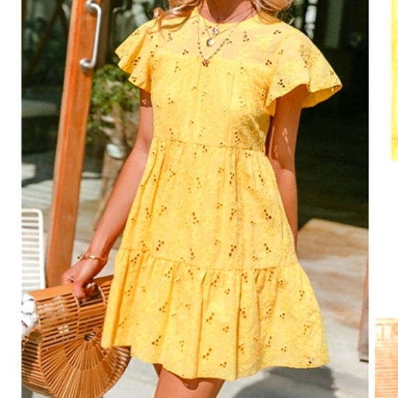 Simplee Summer Eyelet Lace Lined Mini Belted Dress in Yellow XL - Picture 2 of 13